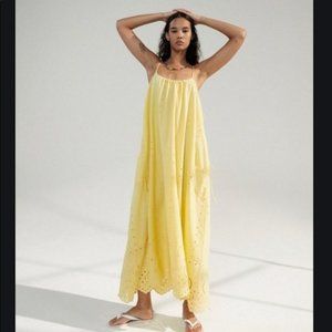ZARA Openwork Embroidered Maxi Dress Yellow Eyelet Bloggers Favorite Sz XS